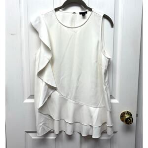 Ann Taylor Off White Ruffle Blouse, Cream Asymmetrical Tunic, Women's Size LP